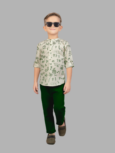 Boys Printed Cotton Kurta with Green Pants