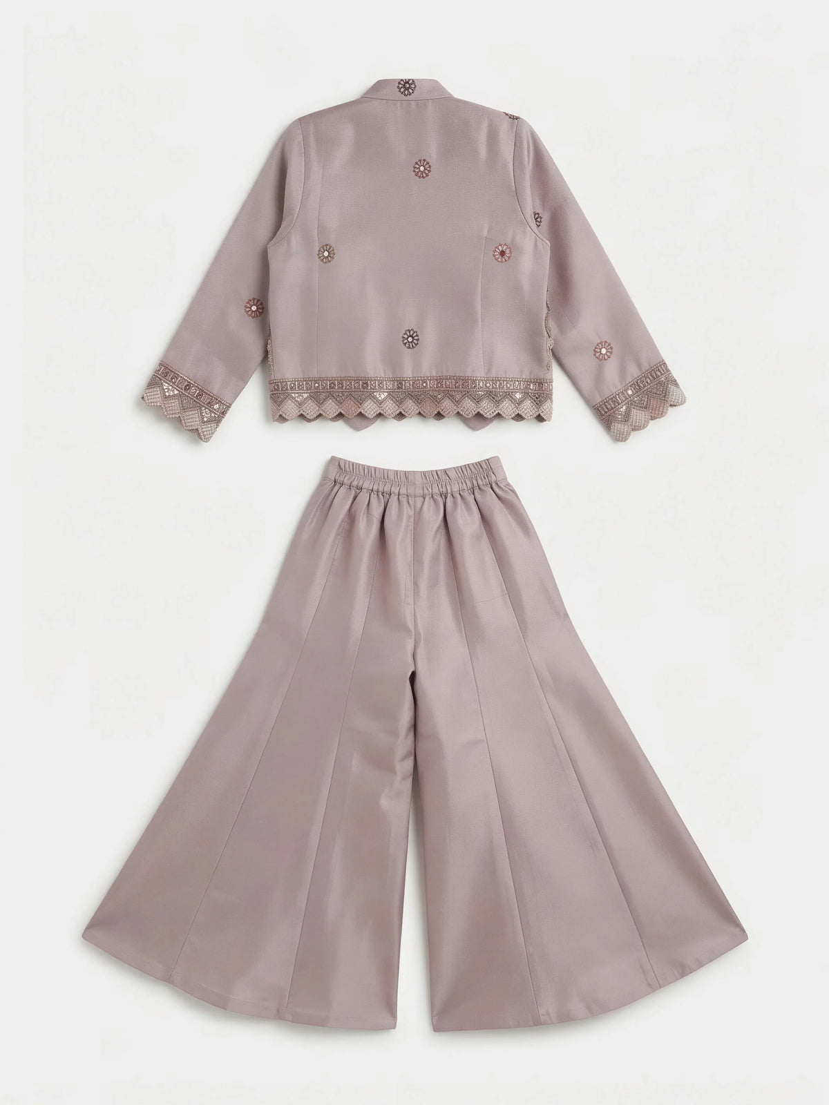 Purple Embroidered Plazzo Set with Jacket for Girls