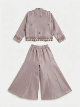 Purple Embroidered Plazzo Set with Jacket for Girls