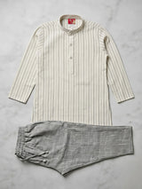 Boys Cream Striped Kurta with Grey Trousers Set