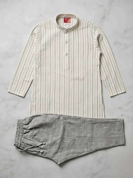 Boys Cream Striped Kurta with Grey Trousers Set