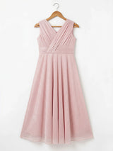 Girls Elegant Shimmer Pink Floor-Length Gown