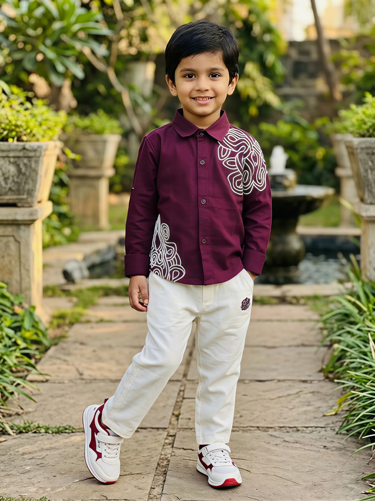 Boys Maroon Embroidered Shirt and Trousers