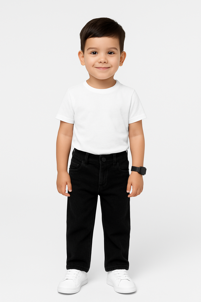 Boys' solid black denim jeans in a straight-leg fit with an elasticated waist and a thick black web belt with a gold or silver rectangular buckle.

Export to Sheets