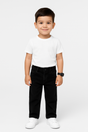 Boys' solid black denim jeans in a straight-leg fit with an elasticated waist and a thick black web belt with a gold or silver rectangular buckle.

Export to Sheets