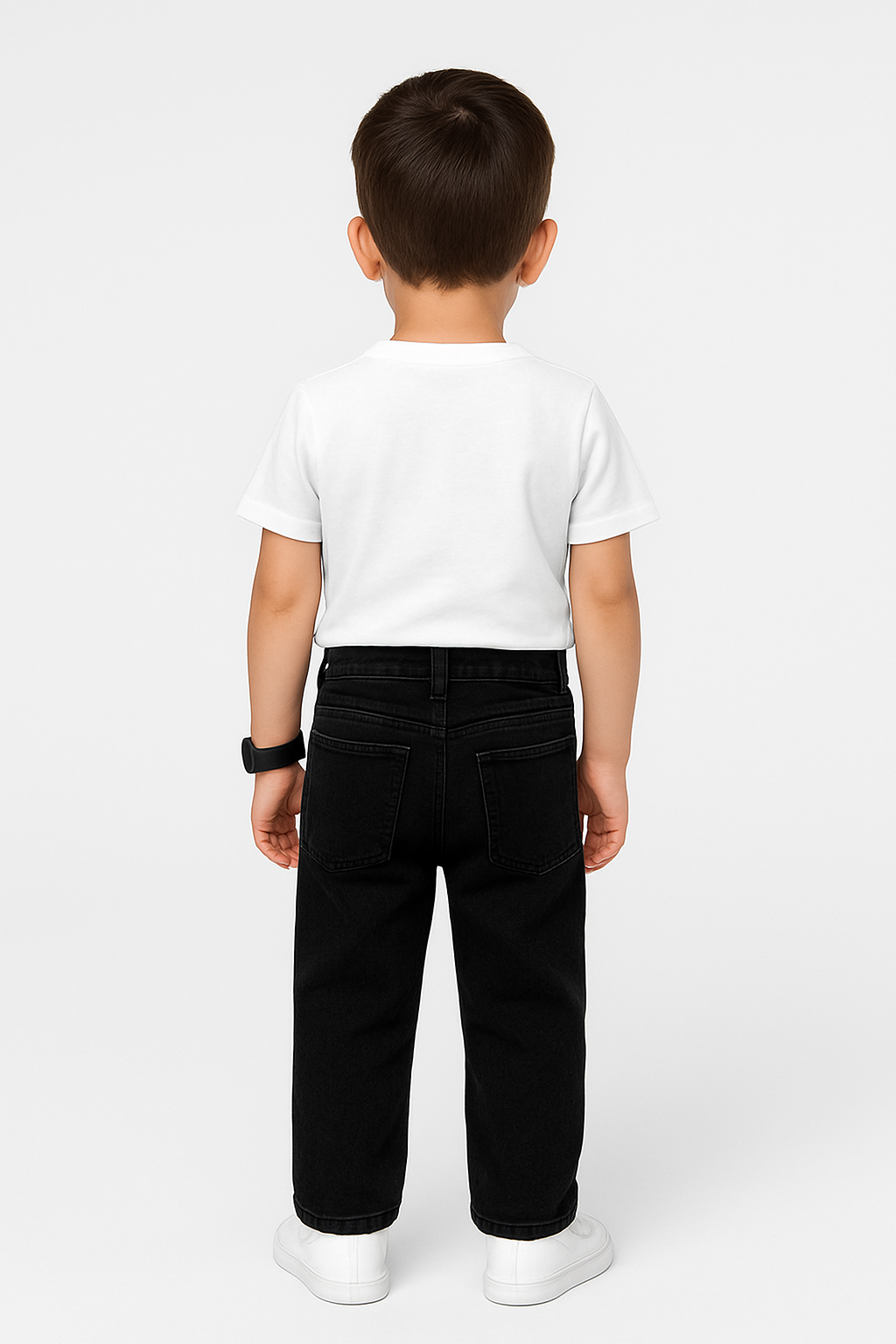 Boys' solid black denim jeans in a straight-leg fit with an elasticated waist and a thick black web belt with a gold or silver rectangular buckle.

Export to Sheets