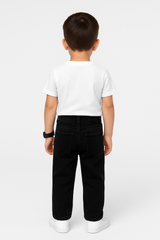 Boys' solid black denim jeans in a straight-leg fit with an elasticated waist and a thick black web belt with a gold or silver rectangular buckle.

Export to Sheets
