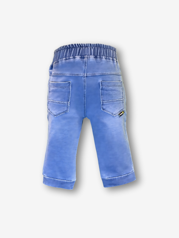Boys' dark indigo blue wash denim jeans in a straight-leg cut with a gathered elastic waistband and a thick black web belt with a silver rectangular buckle.

Export to Sheets