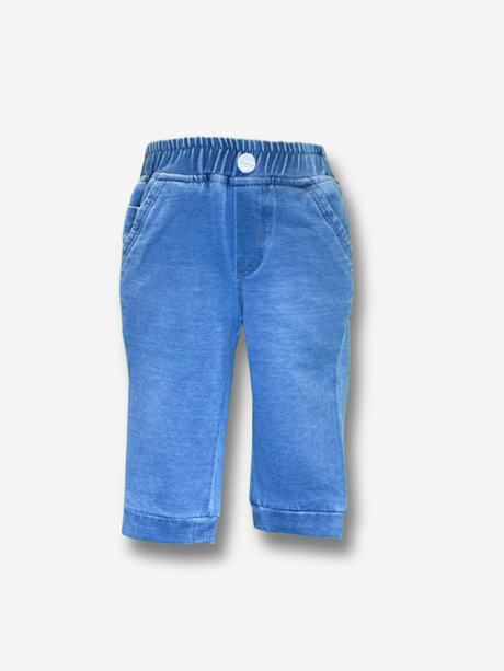 Boys' dark indigo blue wash denim jeans in a straight-leg cut with a gathered elastic waistband and a thick black web belt with a silver rectangular buckle.

Export to Sheets