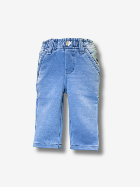 Boys' light blue wash pants in a soft knit denim fabric with an elastic waistband, belt loops, and a single decorative button.

Export to Sheets