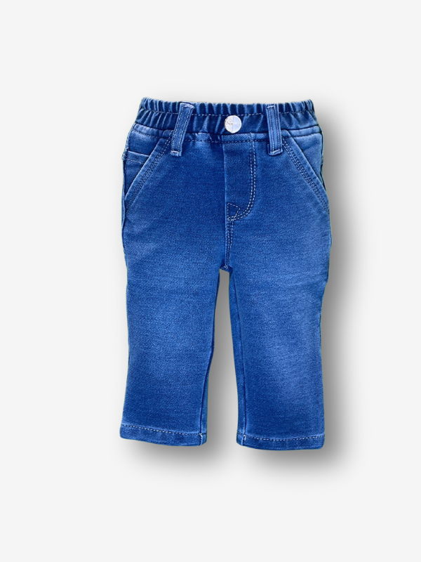 Boys' rich royal blue knit pants that resemble denim, featuring an elastic waistband, contrast stitching, and front slant pockets.

Export to Sheets