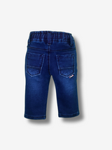 Boys' dark navy blue knit jogger pants with a gathered elastic waistband, cuffed ankles, and structured paneling at the knees.

Export to Sheets