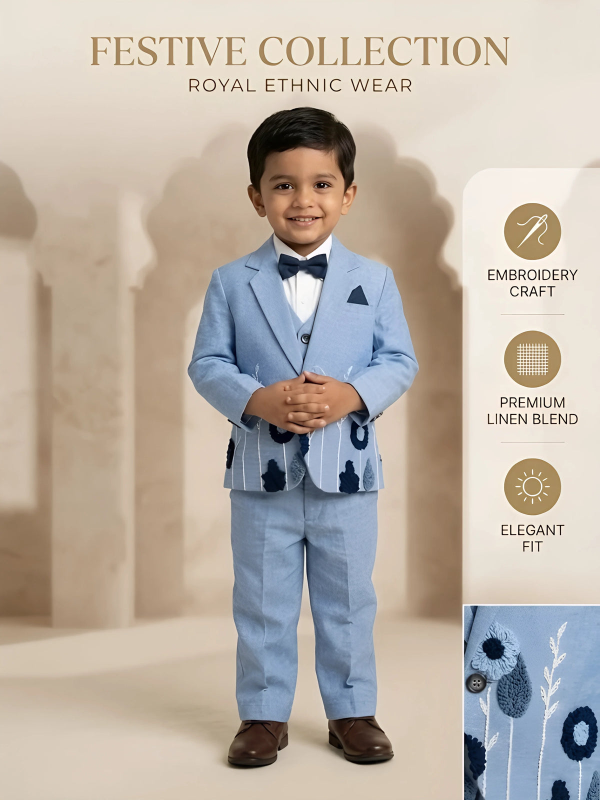 Boys Light Blue Embroidered Coat Suit
