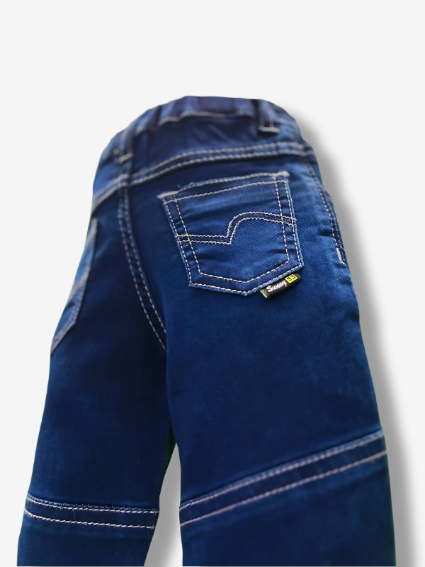 Boys' dark indigo blue denim jeans with a wide knit fabric waistband, silver belt buckle, and a hanging logo charm.

Export to Sheets