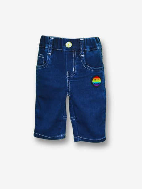 Boys' dark indigo blue denim jeans with a wide knit fabric waistband, silver belt buckle, and a hanging logo charm.

Export to Sheets