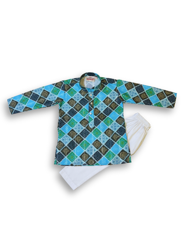 Boys' long-sleeved kurta with a colorful geometric diamond print in blue, teal, black, and olive, shown on a white background.

Export to Sheets