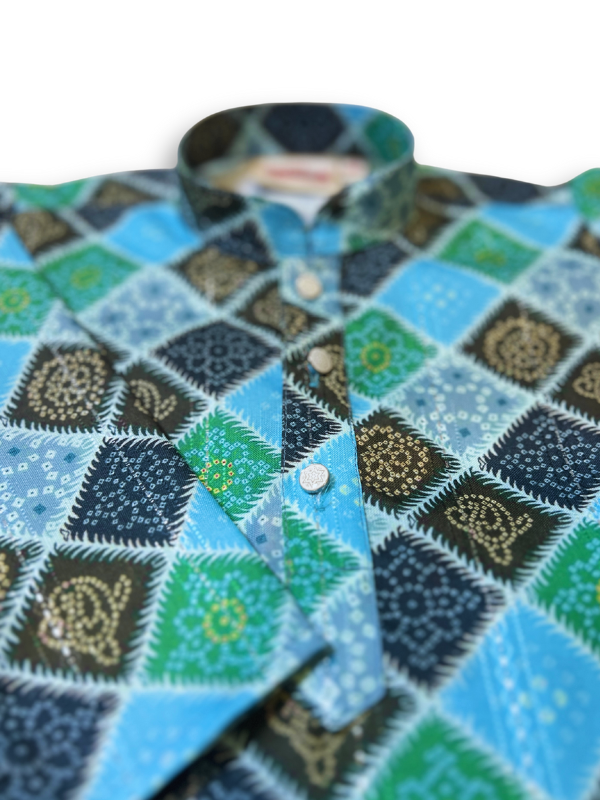 Boys' long-sleeved kurta with a colorful geometric diamond print in blue, teal, black, and olive, shown on a white background.

Export to Sheets