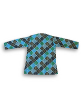 Boys' long-sleeved kurta with a colorful geometric diamond print in blue, teal, black, and olive, shown on a white background.

Export to Sheets