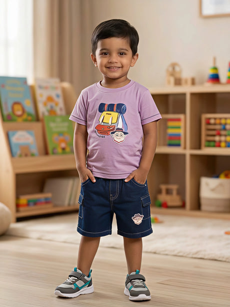 Boys Purple Adventure Graphic T-Shirt & Denim Shorts Set