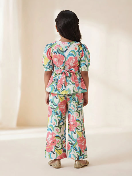Girls Multicolor Floral Print Kurti Top with Plazo Pants Set.