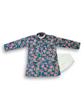 Boys' long-sleeved kurta with a colorful pink and brown floral print on a teal blue base, paired with plain cream or white elastic-waist pyjama pants.

Export to Sheets