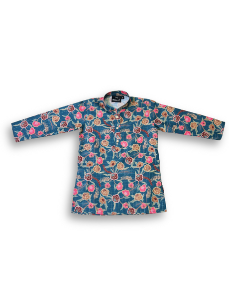 Boys' long-sleeved kurta with a colorful pink and brown floral print on a teal blue base, paired with plain cream or white elastic-waist pyjama pants.

Export to Sheets