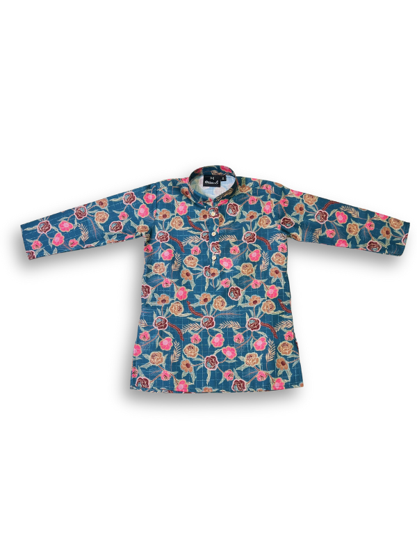 Boys' long-sleeved kurta with a colorful pink and brown floral print on a teal blue base, paired with plain cream or white elastic-waist pyjama pants.

Export to Sheets