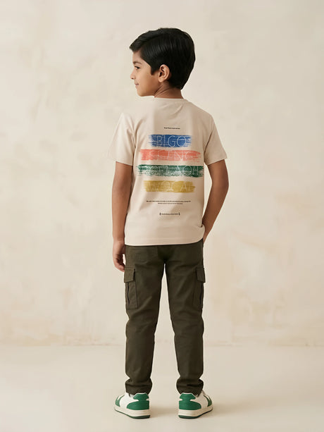 Cream Printed Cotton T-Shirt Kids Casual Wear