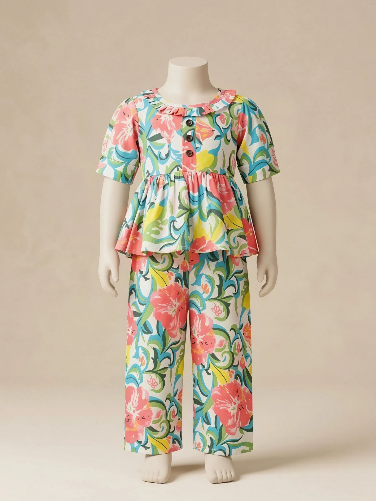 Girls Multicolor Floral Print Kurti Top with Plazo Pants Set