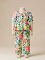 Girls Multicolor Floral Print Kurti Top with Plazo Pants Set