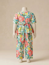 Girls Multicolor Floral Print Kurti Top with Plazo Pants Set