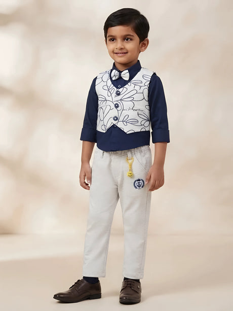 Boys navy blue waistcoat set with embroidered vest, bow tie, and grey trousers