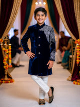Boys Navy Blue Velvet Sherwani Set ()