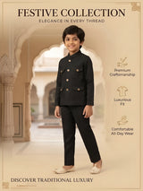 Black Solid Waist Coat Pajama Set for Boys