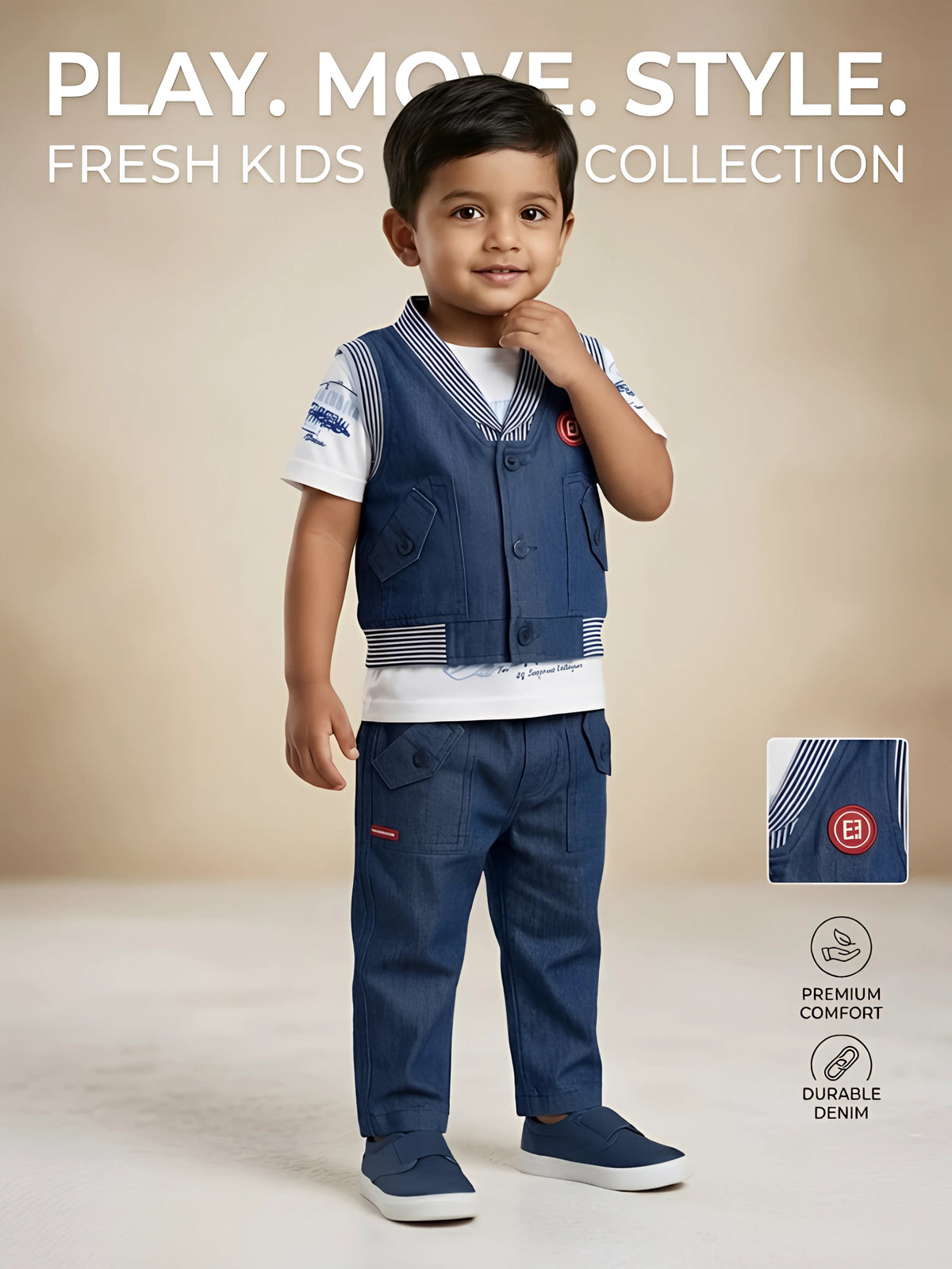 Navy Blue Denim Boys Coordinate Set with Jacket