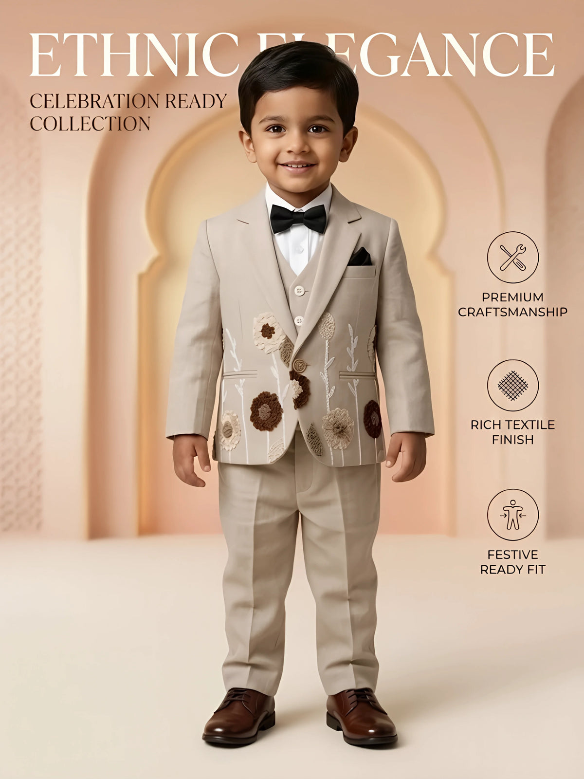 Boys Cream Floral Embroidered Coat Suit