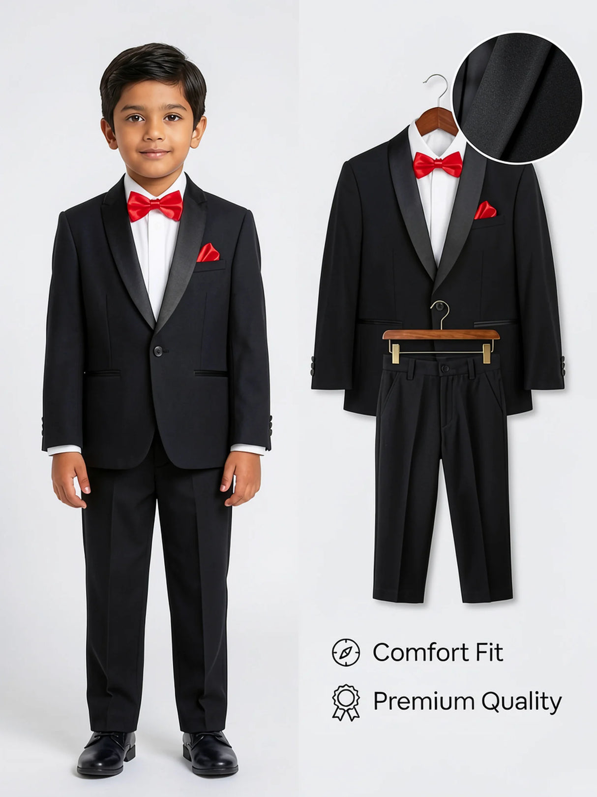 Boys' Formal Black Coat Suit Set with Red Bowtie ()