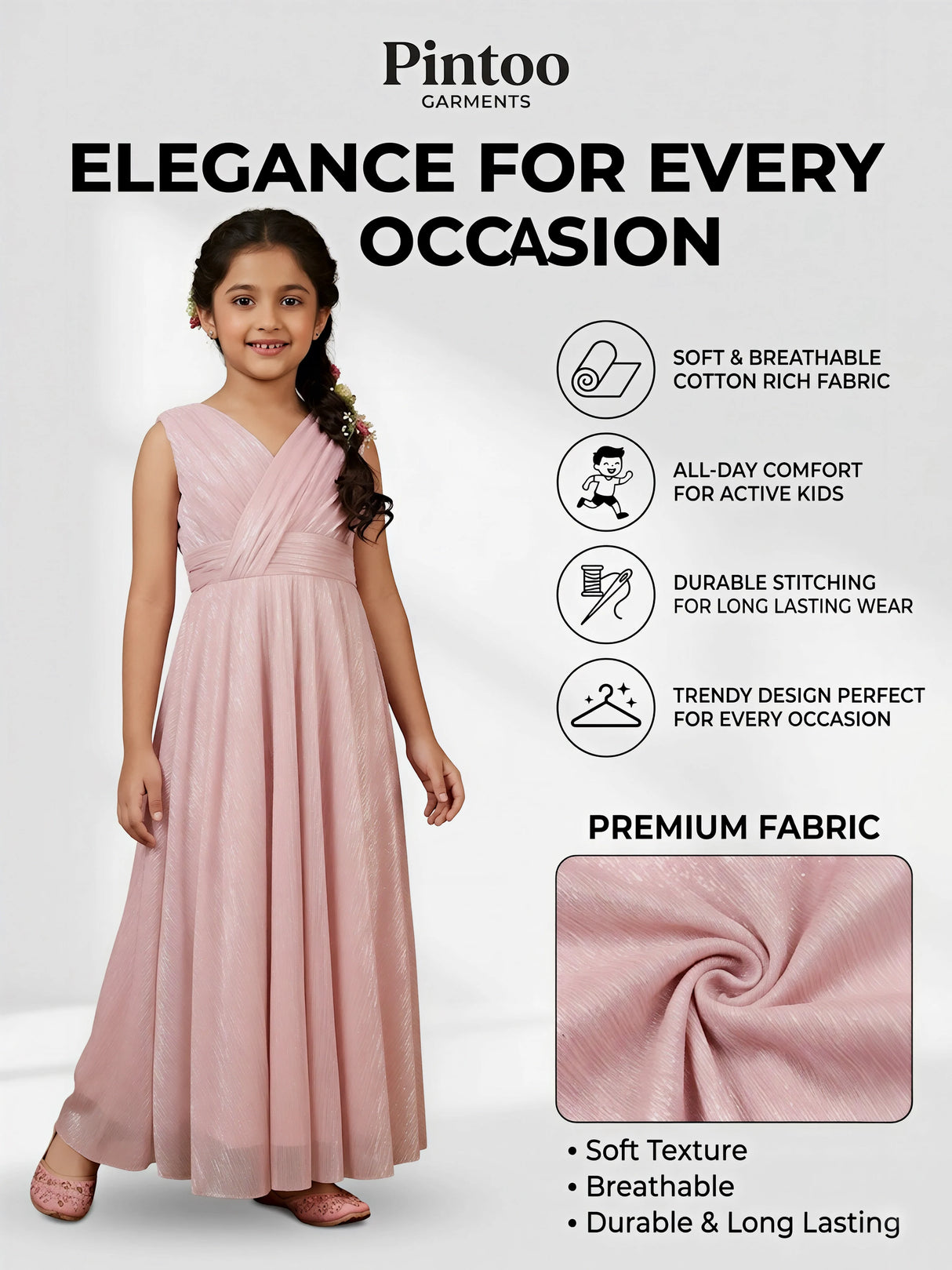 Girls Elegant Shimmer Pink Floor-Length Gown