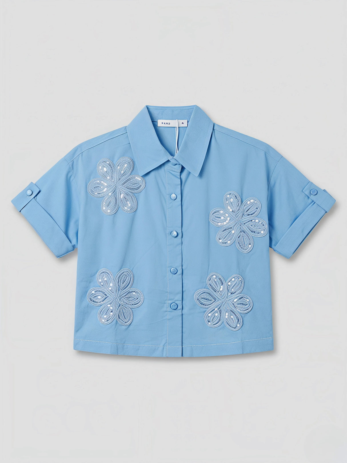 Girls Light Blue Floral Embroidered Casual Shirt