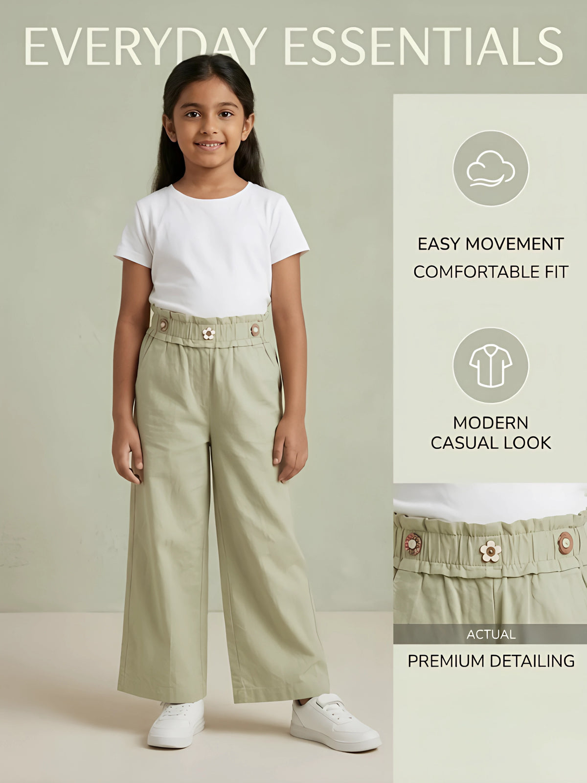 Girls Sage Green High-Waist Wide-Leg Casual Pants