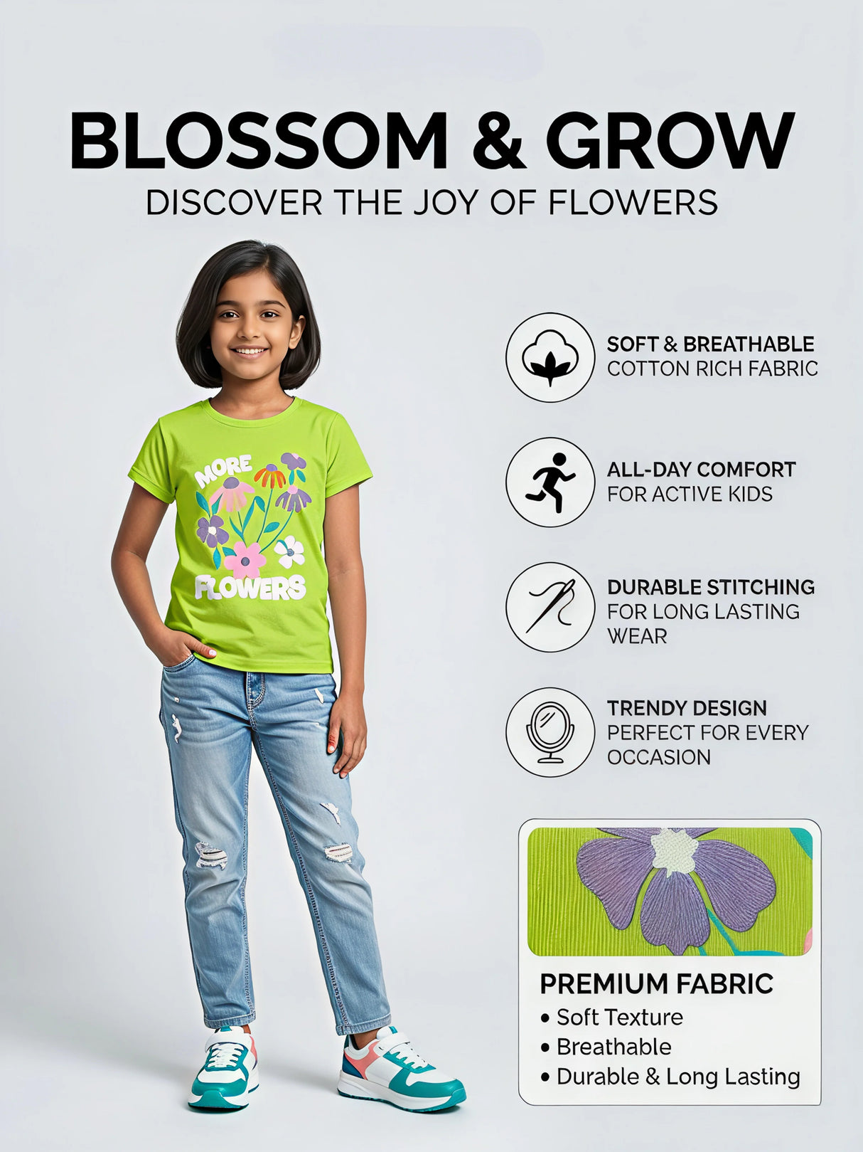 Girls Lime Green Floral Graphic Print T-Shirt.