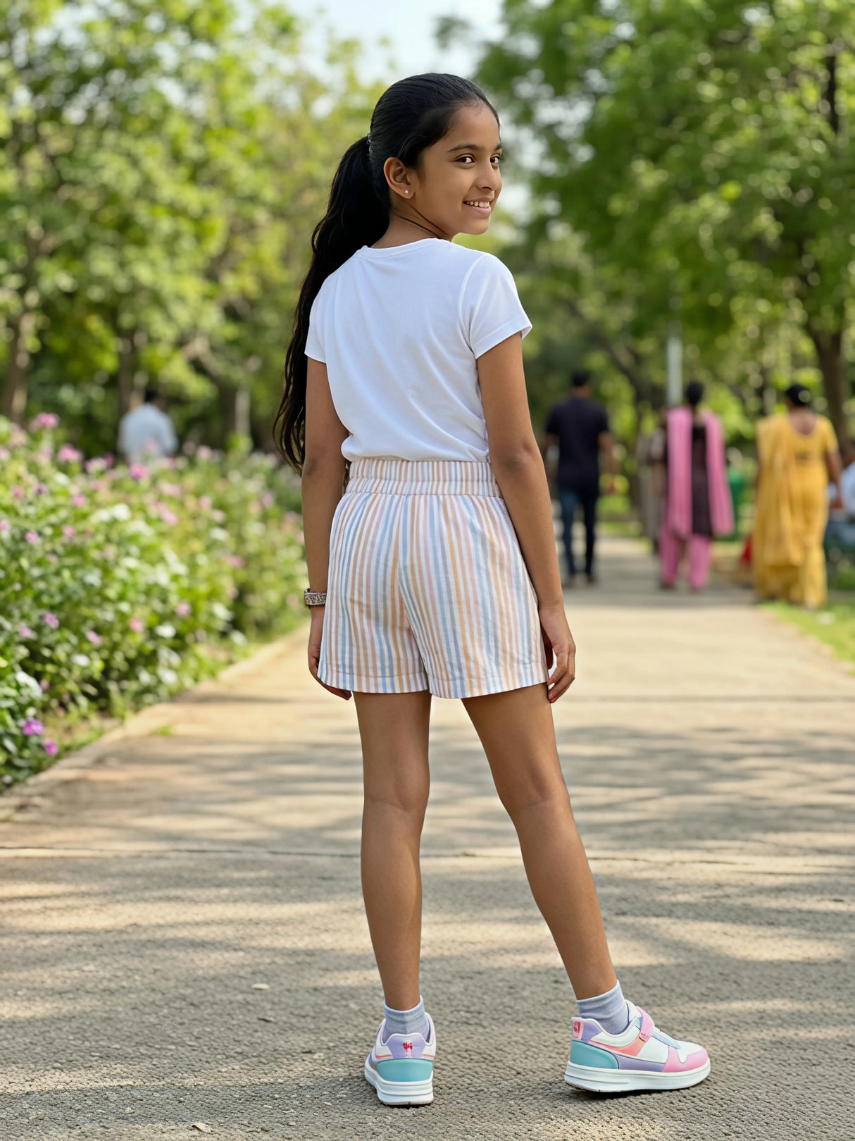 Girls Peach Striped Casual Cotton Shorts