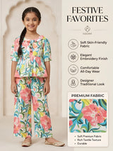 Girls Multicolor Floral Print Kurti Top with Plazo Pants Set