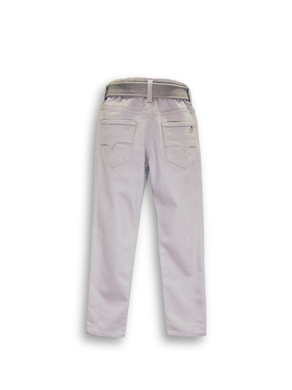 Boys' light grey stone wash denim jeans with an elastic waistband, straight leg, and a thick black web belt with a silver rectangular buckle.