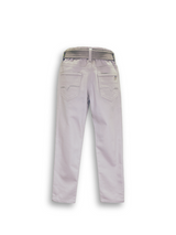 Boys' light grey stone wash denim jeans with an elastic waistband, straight leg, and a thick black web belt with a silver rectangular buckle.