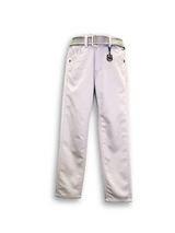 Boys' light grey stone wash denim jeans with an elastic waistband, straight leg, and a thick black web belt with a silver rectangular buckle.