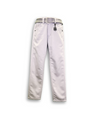 Boys' light grey stone wash denim jeans with an elastic waistband, straight leg, and a thick black web belt with a silver rectangular buckle.