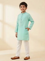 Boy's blue solid cotton kurta pajama set with mandarin collar.