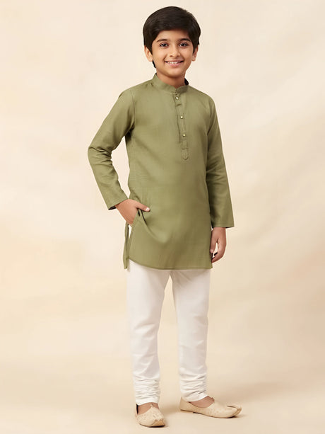 Boys green solid cotton linen kurta with white pajama set.