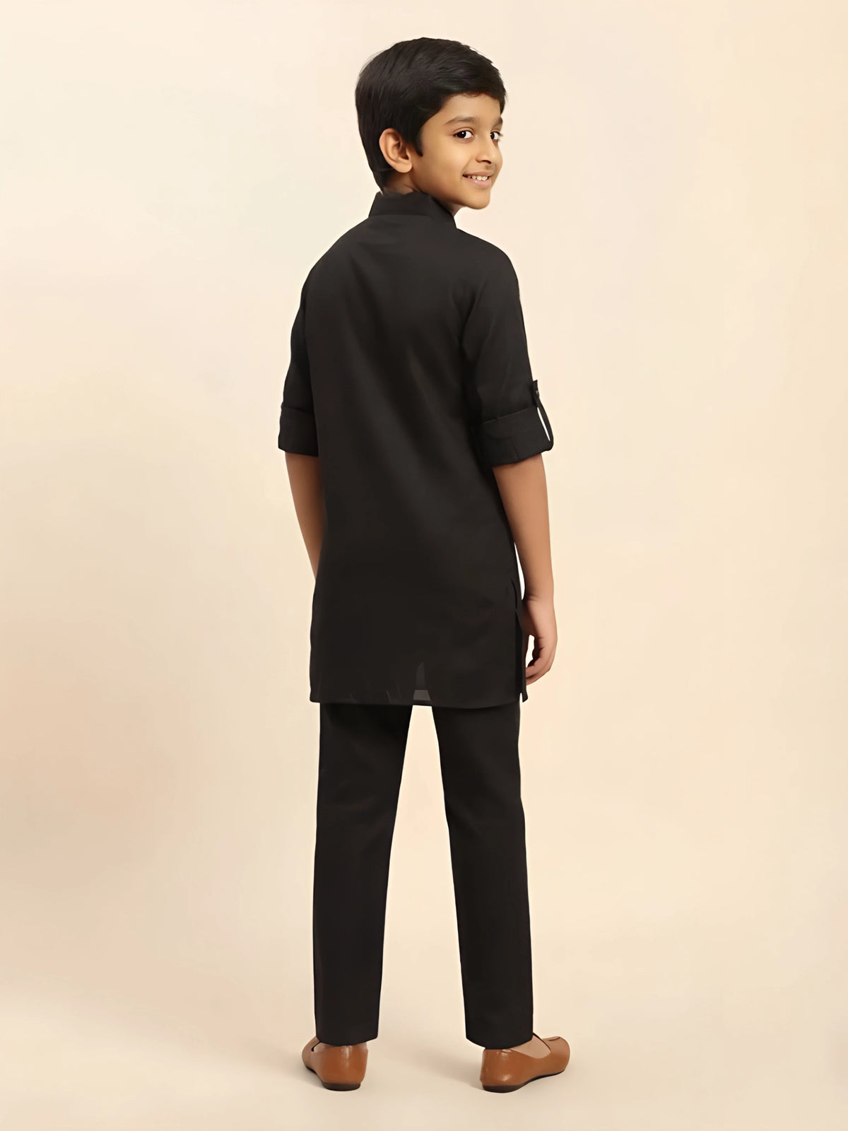 Black Designer Placket Kurta Pajama Set for Boys